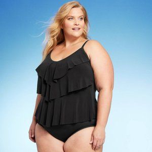 Women's Plus Size Tiered Tankini Top Aqua Green Black 1X